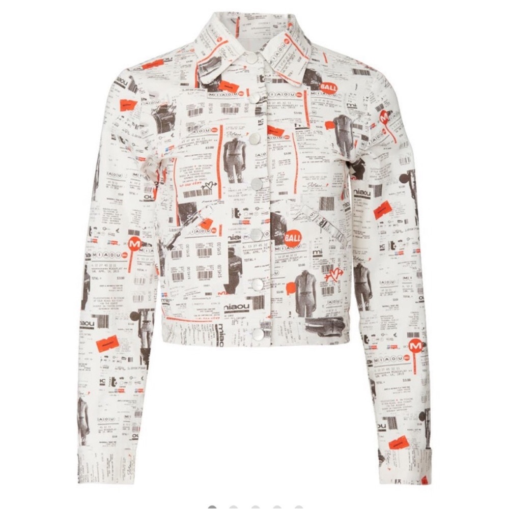 MIAOU Lex Cropped Denim Jacket Faded Newsprint AOP Cream Off-White Black Orange